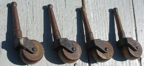 Vintage 4 Set Lot Brass Metal Steel Swivel Castors Wood Wheels Hoosier Cabinet Cover