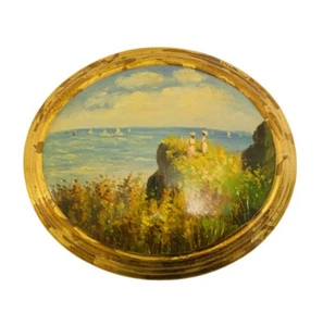 Vintage Italian Oval Hand Painted Gilded Wood Convex Plaque Floral Lacquer - Picture 1 of 9