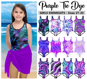 Kids Purple Tie Dye Swimsuit #1 - Baby Girl Teens Bathing Suit Hippie 60s 70s - Picture 1 of 30