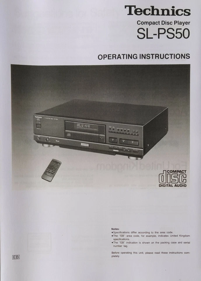 Technics SL-PS50 Compact Disc CD Player - Operating Instructions - USER MANUAL - Image 1 of 1