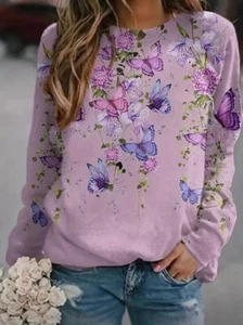 Fashion Women Butterfly Floral Print Round Neck T Shirt Casual Long Sleeve Pink - Picture 1 of 3