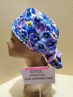 Pansies Blue & Purple Women's Ponytail Surgical Scrub Hat/Cap Handmade - Image 1 of 4