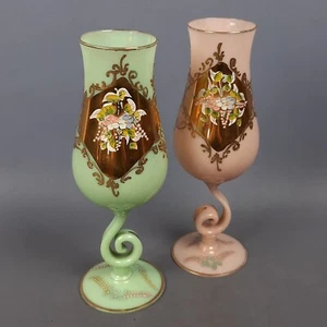Calici Vetro Murano Lui & Lei Rosa Verde Fiori Rilievo Oro Zecchino Vintage 1950 - Imagen 1 de 15