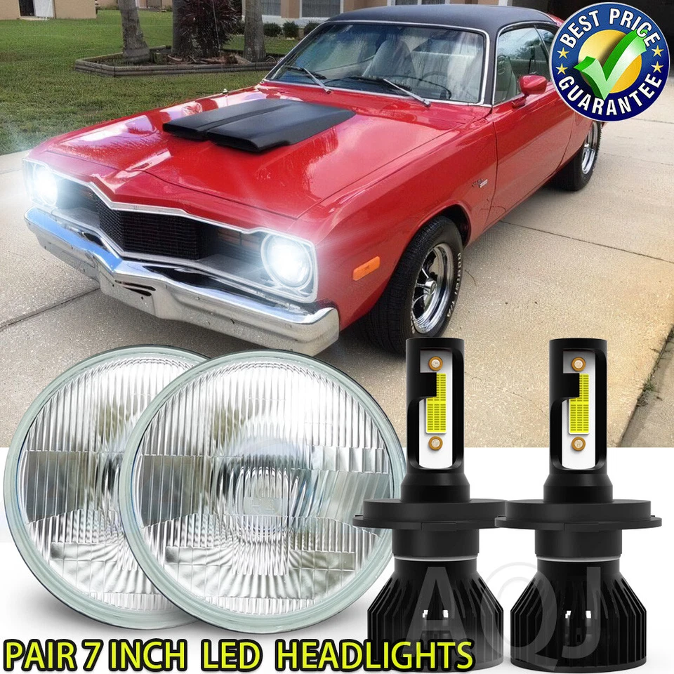 Pair 7" inch Round H4 LED Headlights Hi/Lo For Dodge Dart 64-1976 D100 - Image 1 of 4