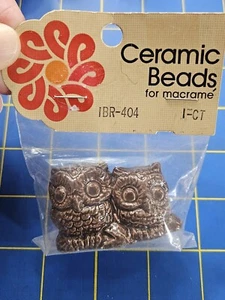 NOS Vintage Brown Owl Owls Ceramic Macrame Craft Bead 2.25" x 1.5" x 1.25" - Picture 1 of 5