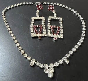 VTG Set RHINESTONE Crystal CORO EARRINGS Rectangle Triangle Red Necklace Dangle - Picture 1 of 14