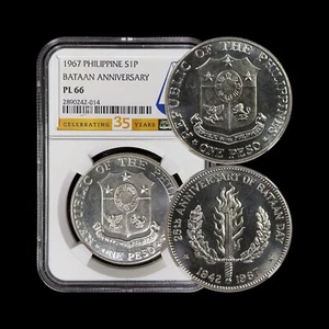 PHILIPPINES. 1967, 1 Peso, Silver - NGC PL66 - Bataan Anniversary, 014 - Picture 1 of 7