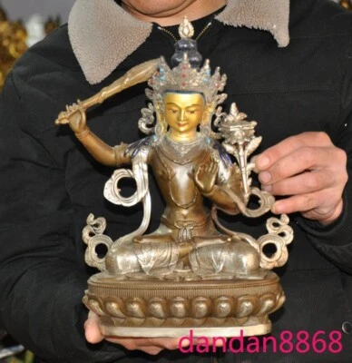 12英寸西藏青铜银镀金握剑塔拉关阴女神佛像 — 第 1/4 张图片