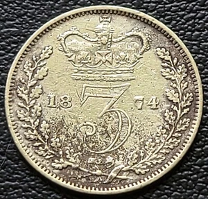 1874 Great Britain 3 Pence Silver Coins - 92.5% Silver - Picture 1 of 2