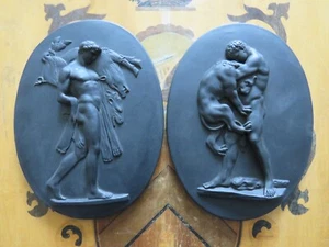 Antique Wedgwood Basalt Hercules Labors Nemean Lion Erymanthian Boar Plaque Pair - Picture 1 of 20