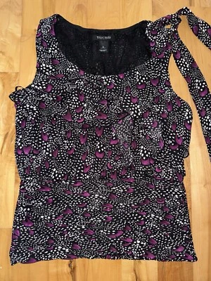 WHBM Women Black Purple Polka Dot Ruffle Sleeveless Blouse Tank Sz Medium NWOT — 第 1/4 张图片