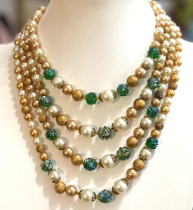 Vintage STAR Brand Gold Cream Green Iridescent Bead Multi Strand Layer Necklace - Picture 1 of 5