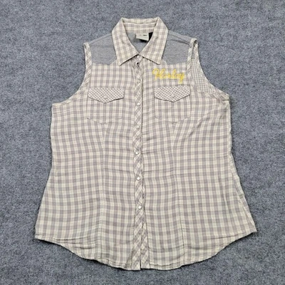 Harley Davidson рубашка женщин средний клетку без рукавов Western Pearl Snap мотоциклиста - Изображение 1 из 4