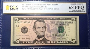 2017A $5 Federal Reserve Note Fr-1998-F Atlanta PCGS68PPQ Superb Gem - Picture 1 of 2