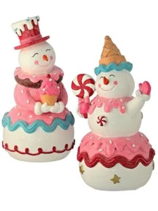 Juego de 2 figuras de pueblo de Navidad helado dulce muñeco de nieve rosa rojo de 8,5" - Imagen 1 de 1