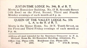 B of RT Brother of Railroad Trainmen Lodge Meeting Card Allentown PA - Picture 1 of 3