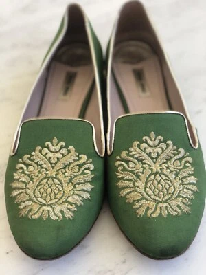 Miu Miu Green Gold Embroidered Crystal Heel Loafer Flat Shoe, Sz 40 $800+ - Image 1 of 4