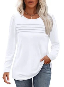 White Long Sleeve Shirts for Women Dressy Casual Blouses Fall Outfits Pleated... - Picture 1 of 5