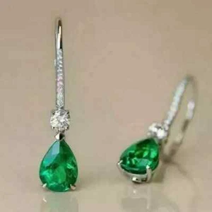 3Ct Pear Cut Lab-Created Emerald Women Drop Dangle Earring 14K White Gold Plated - Picture 1 of 5