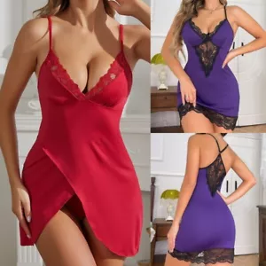Sexy Women's Lingerie V Neck Lace Teddy Babydoll Nightgown Dress G-string Set US - Picture 1 of 27