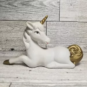 Unicorno vintage 4,5" Taiwan bisque porcellana posa bianco e oro - Foto 1 di 5