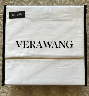 Juego de sábanas Vera Wang Queen 4 piezas blanco algodón satén dorado bordado ropa de cama Foto 1 de 4