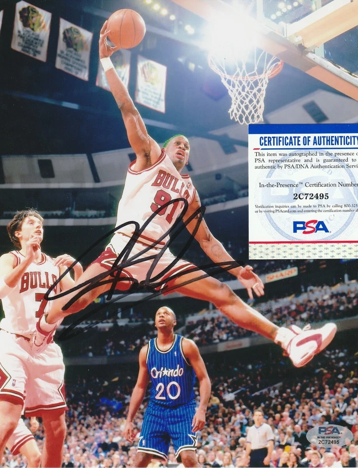 DENNIS RODMAN CHICAGO BULLS NBA CHAMPS  PSA AUTHENTICATED ACTION SIGNED 8x10 - Image 1 of 1