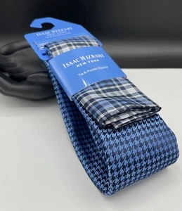 Isaac Mizrahi 100% Polyester Tie & Pocket Square ~ Blue ~ Houndstooth - Picture 1 of 3