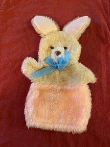 Vintage Tan Bunny Rabbit Puppet Pink Ears Blue Bow 11" Advertising Pretend Toy - Picture 1 of 3