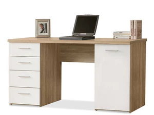 Schreibtisch Tisch Computertisch 145x60 MIGEL Dekor Eiche Weiß 4 Schubkästen - Bild 1 von 4
