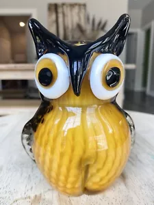 Murano Hand Blown Art Glass Figurine Owl Amber 6" Gold Speckle - Picture 1 of 12