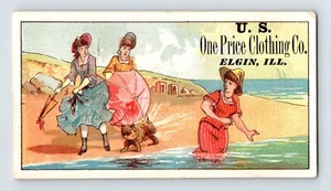 Victorian Trade Card One Price Clothing Ladies Beach Elgin IL 2.5" x 4.5" - Picture 1 of 2