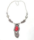 Native American Feather Red Faux Stone Silver Tone Jewelry Pendant Necklace 36b1
