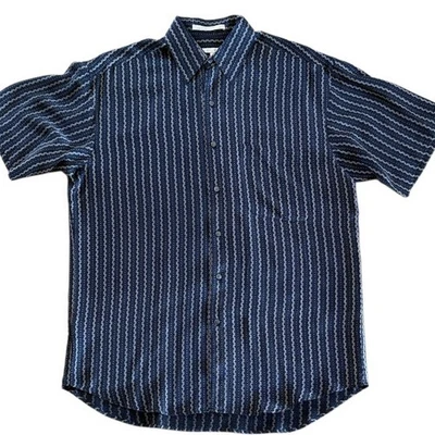 PERRY ELLIS MEN’S BLUE STRIPED SHORT SLEEVE BUTTON DOWN SHIRT 100% SILK MEDIUM - Image 1 of 4