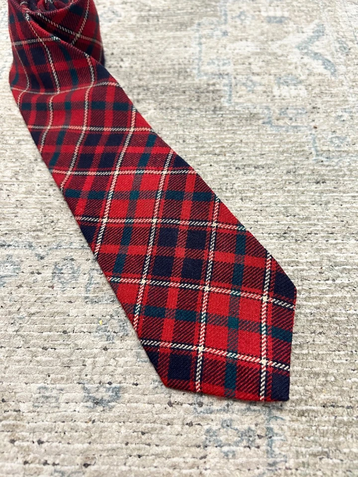 Corbata Hickey Freeman Made Italy roja azul tartán lana a cuadros delgada Foto 1 de 4