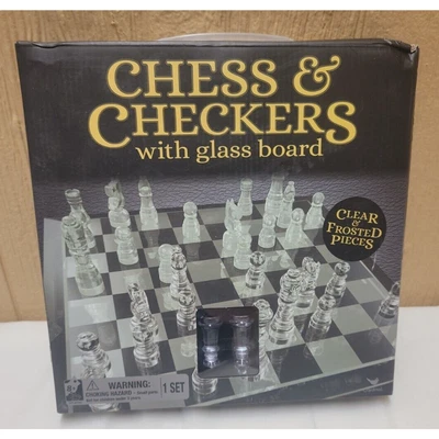 Classic CHESS & Checkers GLASS Board Clear Frosted Pieces BOX DAMAGE - Image 1 of 4