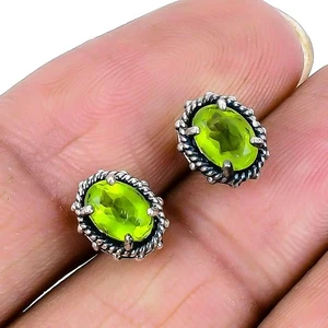 Peridot Faceted Stone Solid Sterling Silver August Stud Engagement Wife Earrings - Picture 1 of 7