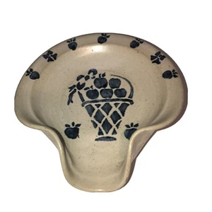 Earthbound Pottery Blue Grey Glazed Spoon Rest with Apples Fun Artisan Fun - Picture 1 of 7
