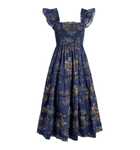 NWT Hill House Ellie Nap Dress in Navy Equestrian Toile Smocked Midi Ruffle XS - Picture 1 of 5