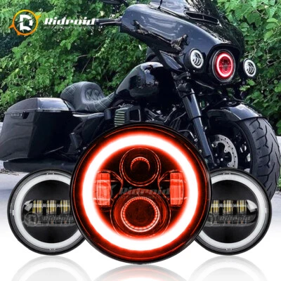 7" inch Red Halo LED Headlight + Fog Passing Lamp For Harley Davidson Motorcycle - Image 1 of 4
