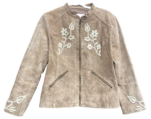 J Marco Women's Brown Leather Jacket Full Zip Floral White Size Large Pockets - Picture 1 of 15