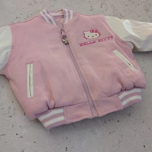 Girl Sz 4 Hello Kitty Face Letterman Varsity Knit Jacket Light Pink White - Picture 1 of 15