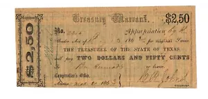 1862 TEXAS TREASURY WARRANT $ 2.50 MEDLAR 103A MARCH 31, 1862 FINE-VERY FINE - Picture 1 of 2