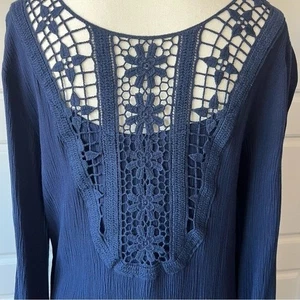 Vestido Azul Marino Crochet Espalda Manga Larga Informal Manga Acampanada Vestido Talla Grande - Imagen 1 de 8