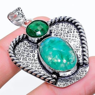 Emerald(Simulated) Gemstone 925 Sterling Silver Jewelry Pendant 1.97" For Her g8 - Image 1 of 3