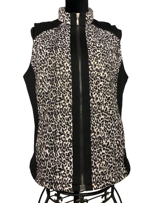 Weekends by Chico's Black White Full Zip Vest Quilted Front Leopard Print 2 US L - Image 1 of 4