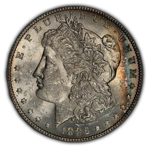 1886 $1 Morgan Silver Dollar - Rainbow Crescent Toning - Frosty BU - SKU-D3400 - Picture 1 of 10