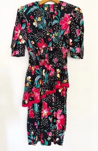 Vtg 80s Choon California USA Dress Women 6 Black Floral Print Peplum Cotton - Picture 1 of 15