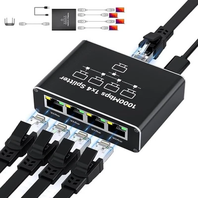 1 to 4 Ethernet Splitter, 1000Mbps Gigabit RJ45 Router Switch, 4 Devices - Image 1 of 4