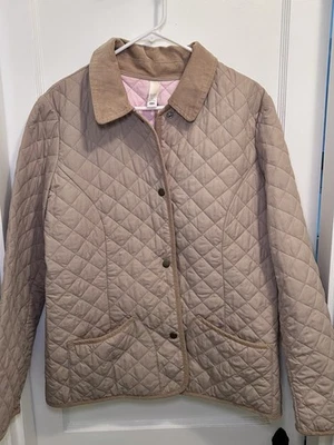 Chaqueta de granero acolchada acolchada con botones azul marino antigua con forro rosa para mujer XL Foto 1 de 4